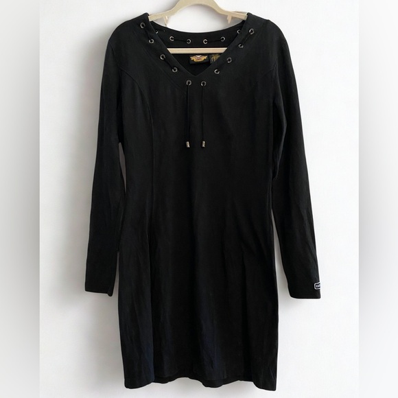Harley-Davidson Black Long Sleeve Mini Thigh Slit Dress Tie Grommet V Neck
